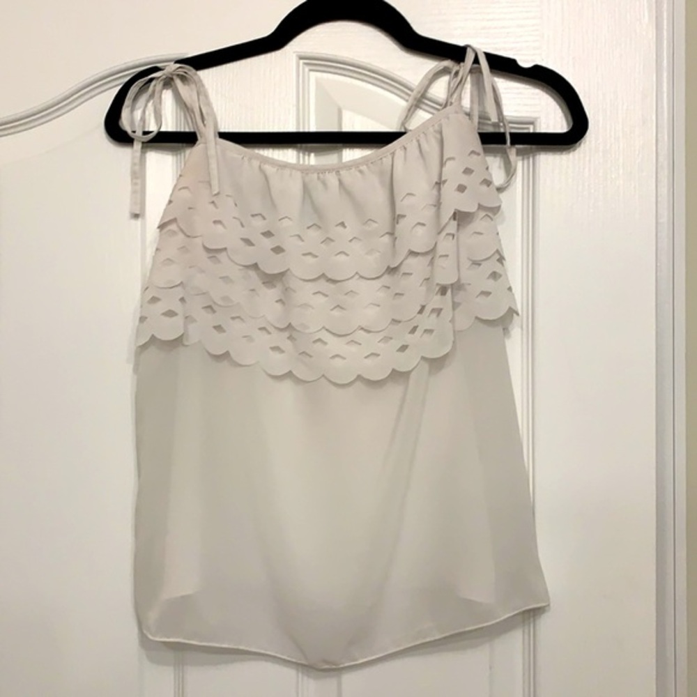 Shoulder-tie eyelet scalloped top